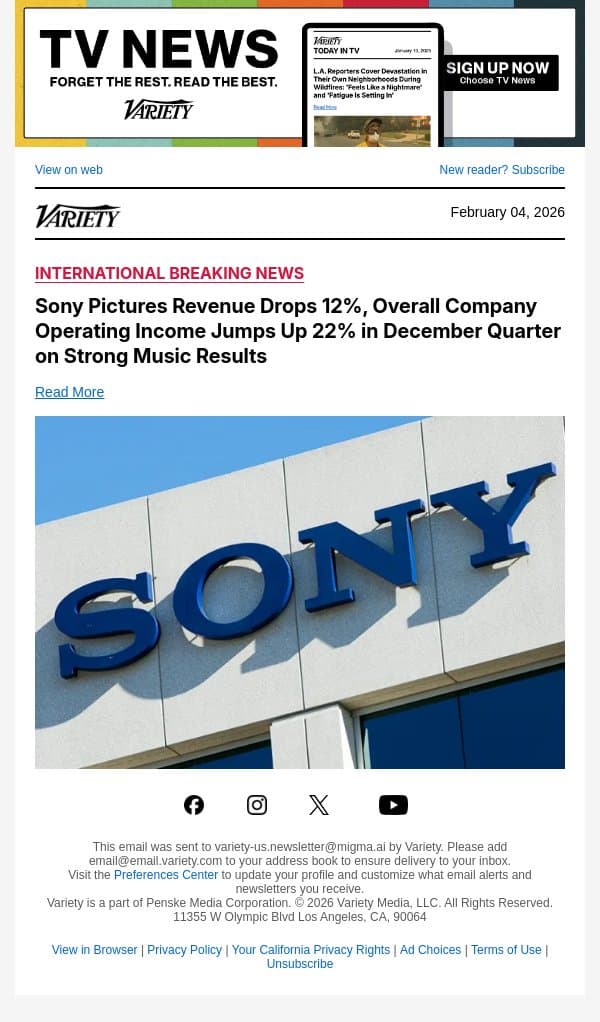 Sony Pictures Revenue Drops 12%, Overall Company Operating Income Jumps Up 22% in December Quarter on Strong Music Results email from Variety screenshot