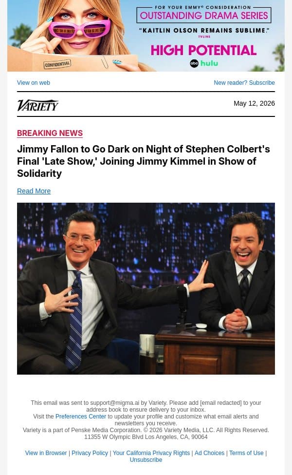 Jimmy Fallon to Go Dark on Night of Stephen Colbert's Final 'Late Show,' Joining Jimmy Kimmel in Show of Solidarity email from Variety screenshot