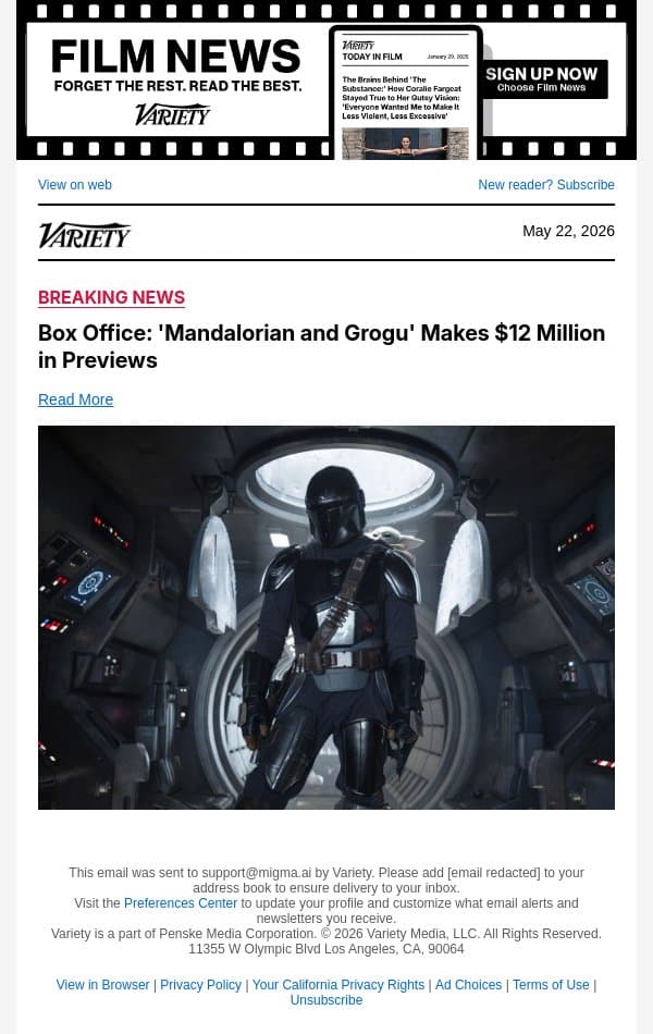 Box Office: 'Mandalorian and Grogu' Makes $12 Million in Previews email from Variety screenshot