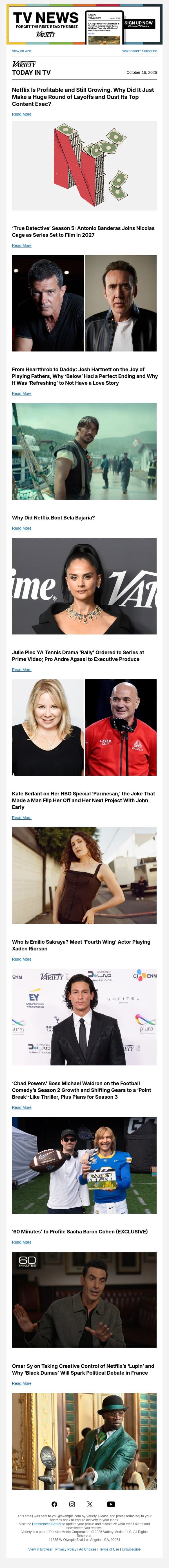 Analyzing Netflix's Layoffs and Financials; 'True Detective' Season 5 Firms Up Cast; Josh Hartnett on 'Below' email from Variety screenshot