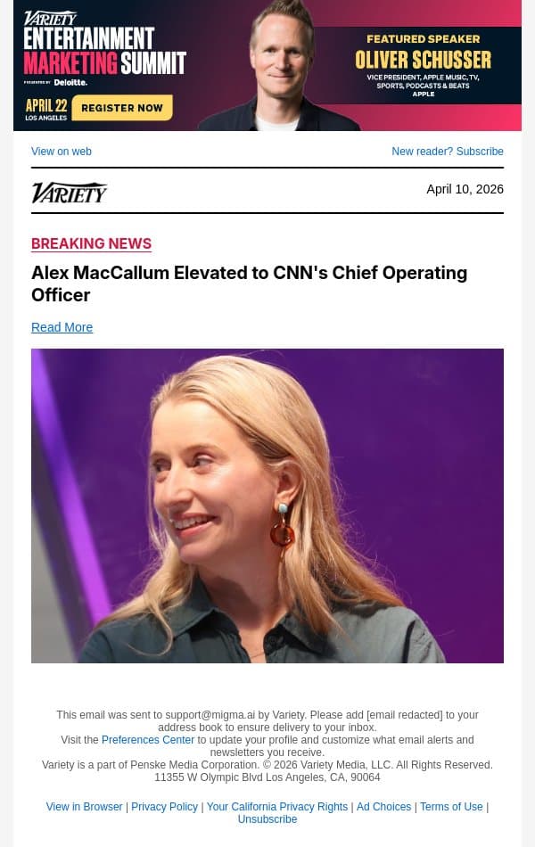 Alex MacCallum Elevated to CNN's Chief Operating Officer email from Variety screenshot