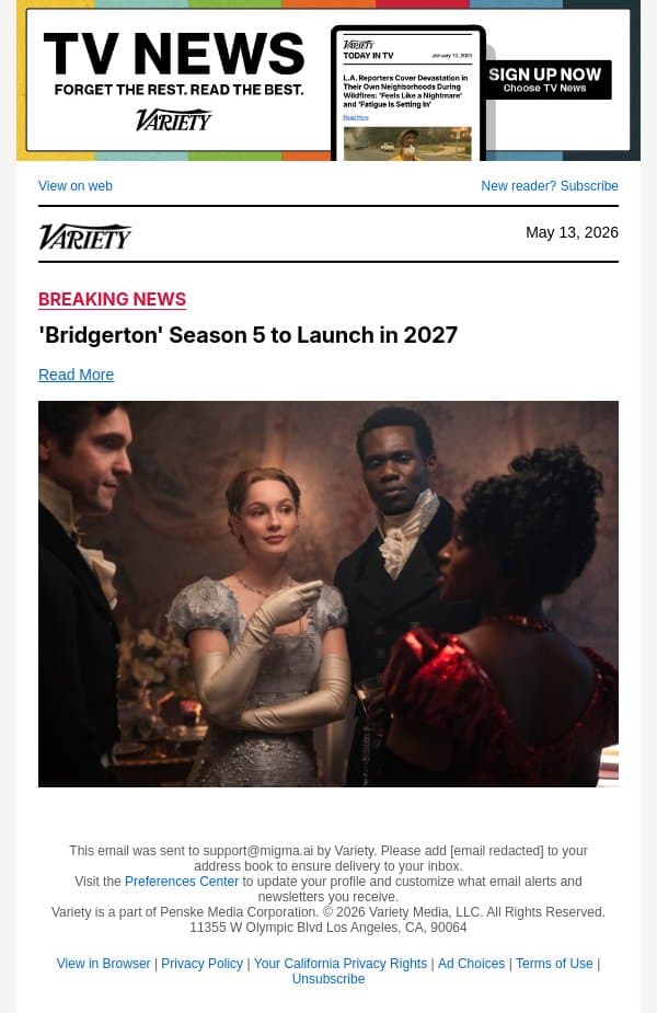 'Bridgerton' Season 5 to Launch in 2027 email from Variety screenshot