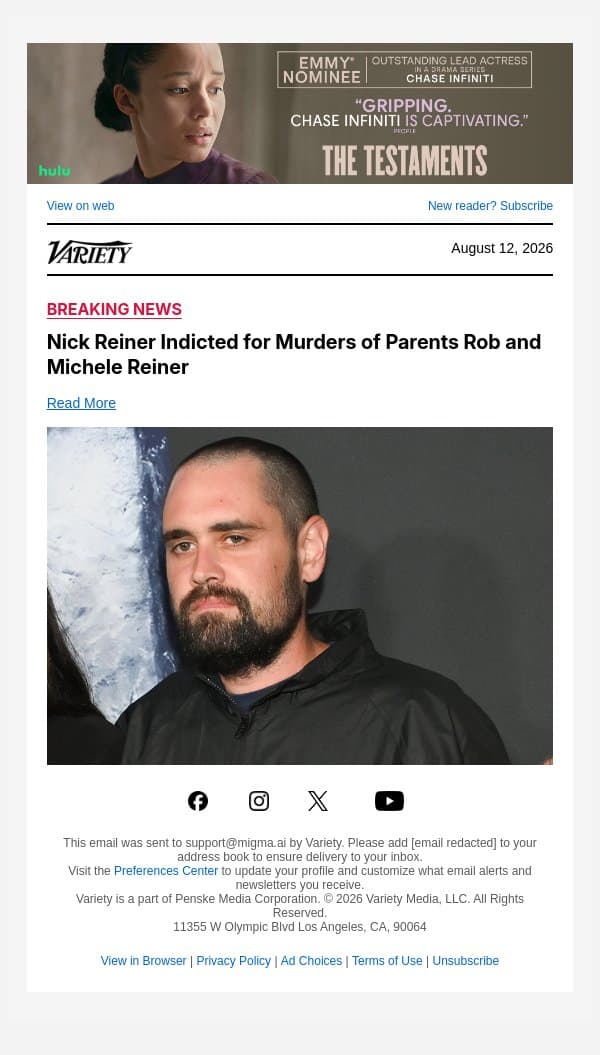 Nick Reiner Indicted for Murders of Parents Rob and Michele Reiner email from Variety screenshot
