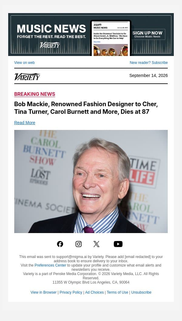 Bob Mackie, Renowned Fashion Designer to Cher, Tina Turner, Carol Burnett and More, Dies at 87 email from Variety screenshot