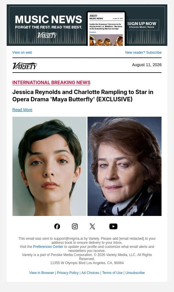 Jessica Reynolds and Charlotte Rampling to Star in Opera Drama 'Maya Butterfly' (EXCLUSIVE) email from Variety screenshot