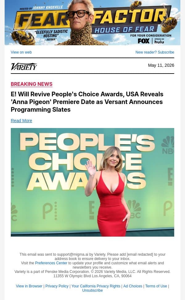 E! Will Revive People's Choice Awards, USA Reveals 'Anna Pigeon' Premiere Date as Versant Announces Programming Slates email from Variety screenshot