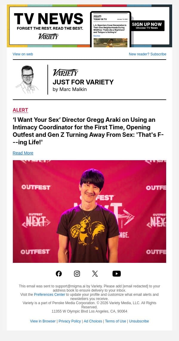 ‘I Want Your Sex’ Director Gregg Araki on Using an Intimacy Coordinator for the First Time, Opening Outfest and Gen Z Turning Away From Sex: 'That's F---ing Life!' email from Variety screenshot