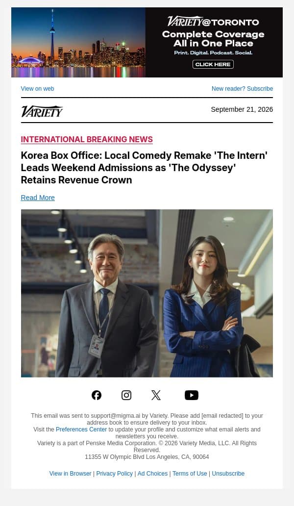 Korea Box Office: Local Comedy Remake 'The Intern' Leads Weekend Admissions as 'The Odyssey' Retains Revenue Crown email from Variety screenshot