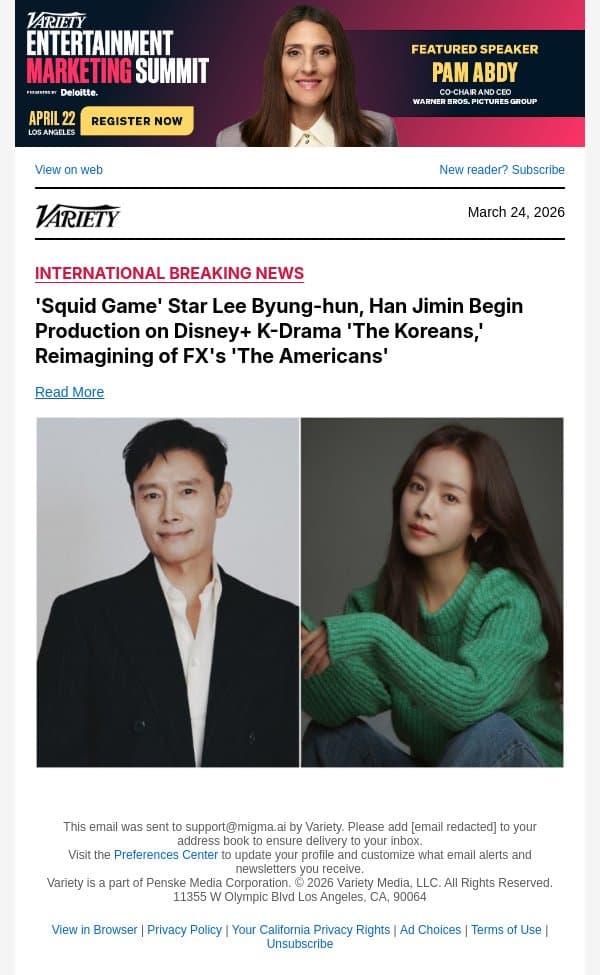 'Squid Game' Star Lee Byung-hun, Han Jimin Begin Production on Disney+ K-Drama 'The Koreans,' Reimagining of FX's 'The Americans' email from Variety screenshot
