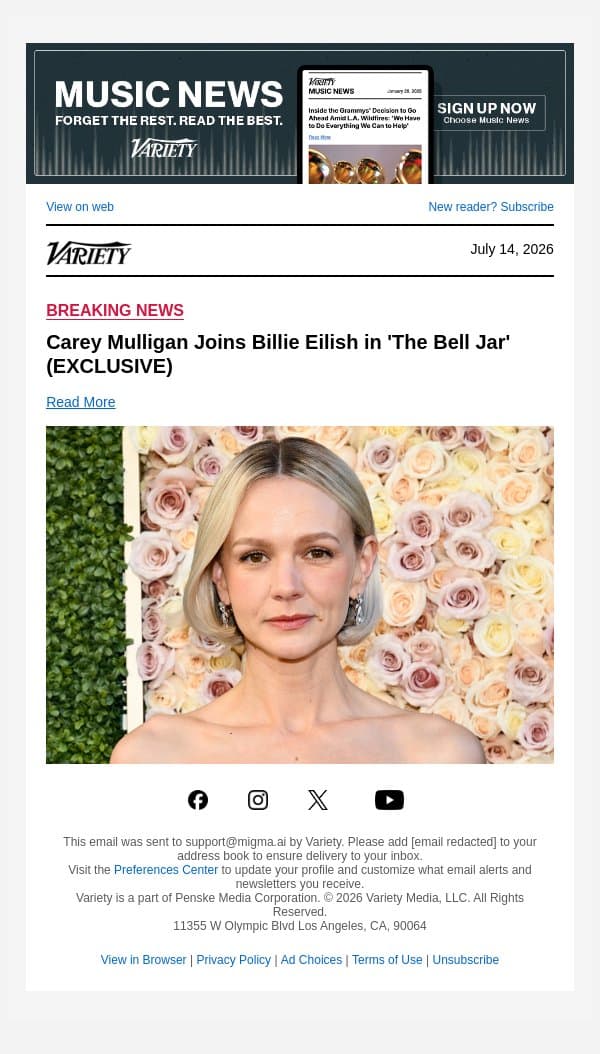 Carey Mulligan Joins Billie Eilish in 'The Bell Jar' (EXCLUSIVE) email from Variety screenshot