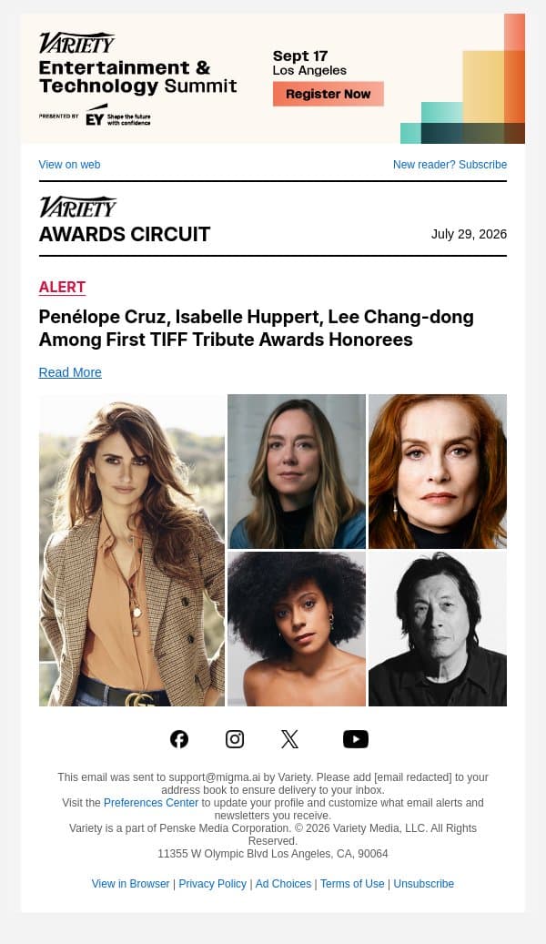 Penélope Cruz, Isabelle Huppert, Lee Chang-dong Among First TIFF Tribute Awards Honorees email from Variety screenshot