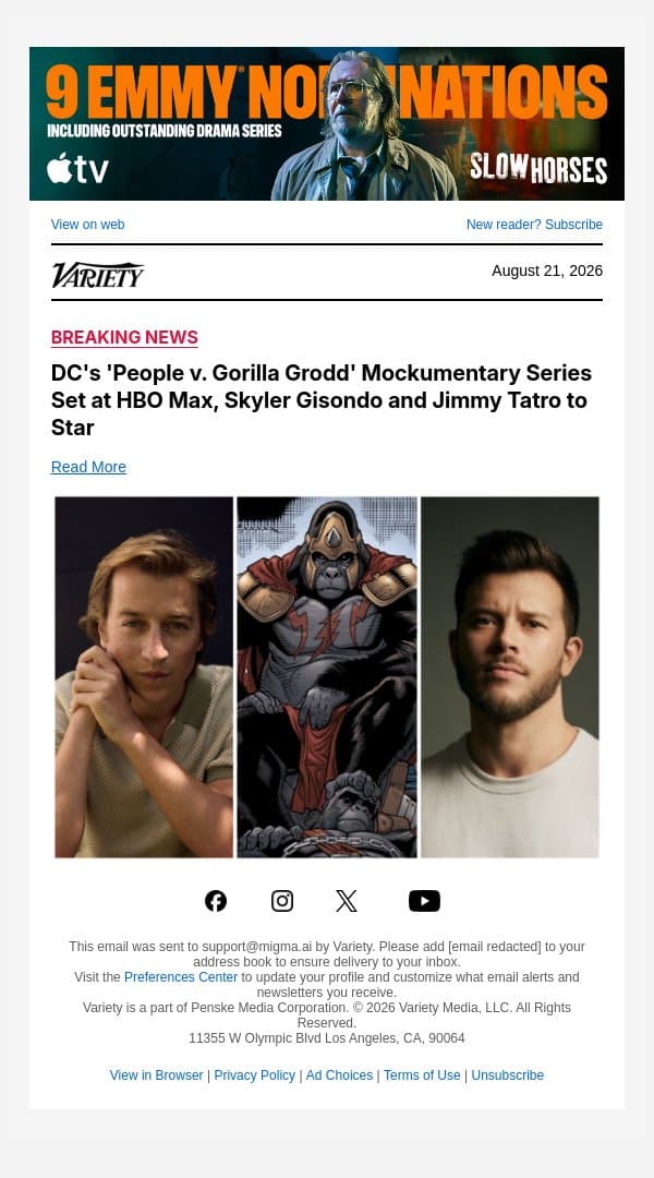 DC's 'People v. Gorilla Grodd' Mockumentary Series Set at HBO Max, Skyler Gisondo and Jimmy Tatro to Star email from Variety screenshot