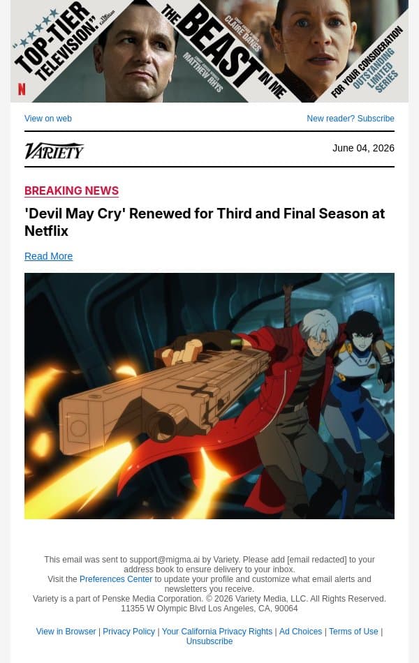 'Devil May Cry' Renewed for Third and Final Season at Netflix email from Variety screenshot