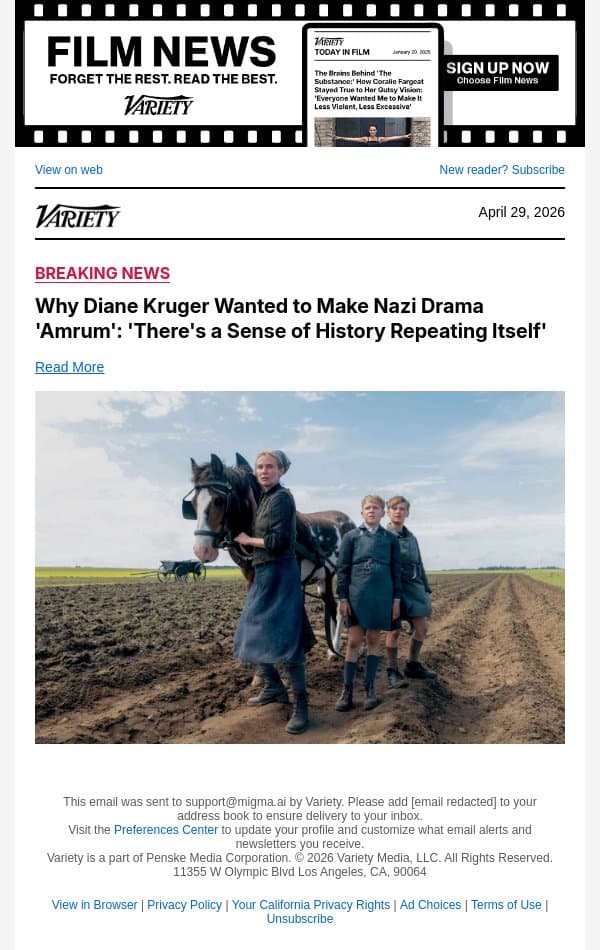 Why Diane Kruger Wanted to Make Nazi Drama 'Amrum': 'There's a Sense of History Repeating Itself' email from Variety screenshot