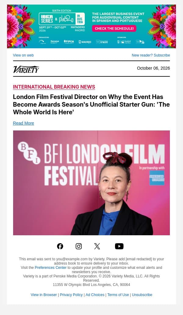 London Film Festival Director on Why the Event Has Become Awards Season's Unofficial Starter Gun: 'The Whole World Is Here' email from Variety screenshot