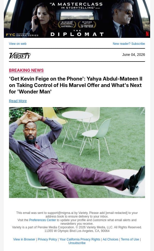 'Get Kevin Feige on the Phone': Yahya Abdul-Mateen II on Taking Control of His Marvel Offer and What's Next for 'Wonder Man' email from Variety screenshot