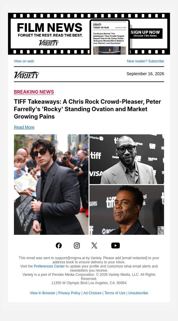 TIFF Takeaways: A Chris Rock Crowd-Pleaser, Peter Farrelly's 'Rocky' Standing Ovation and Market Growing Pains email from Variety screenshot