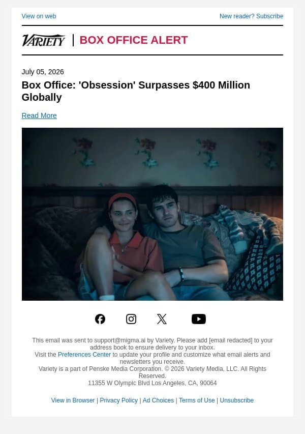 Box Office: 'Obsession' Surpasses $400 Million Globally email from Variety screenshot