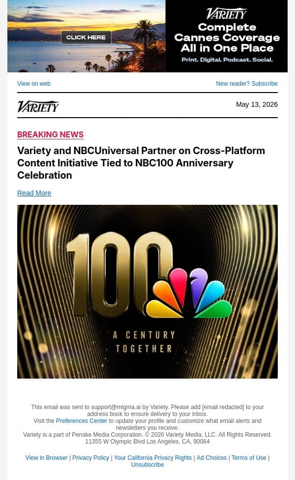 Variety and NBCUniversal Partner on Cross-Platform Content Initiative Tied to NBC100 Anniversary Celebration email from Variety screenshot