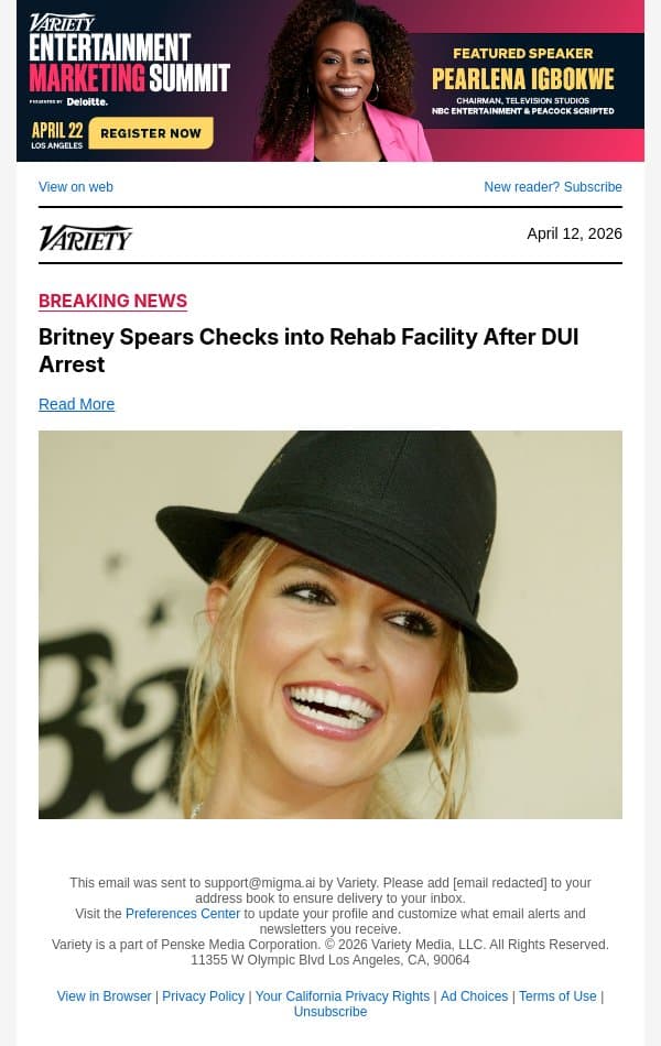 Britney Spears Checks into Rehab Facility After DUI Arrest email from Variety screenshot