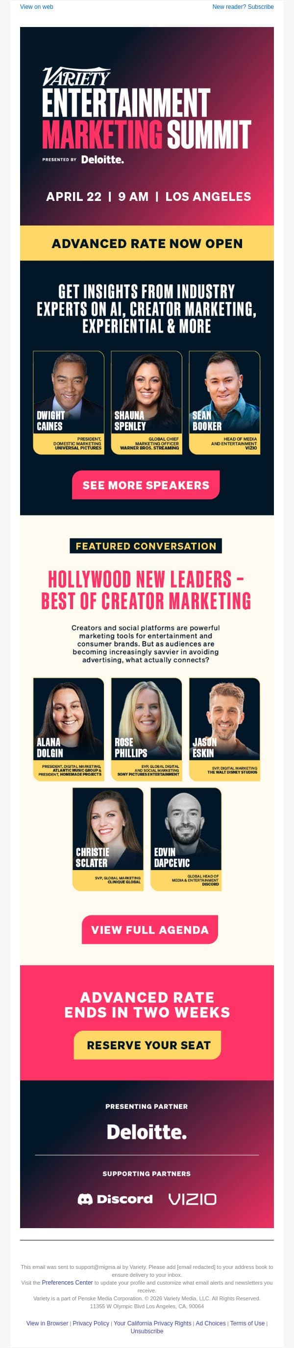 Dwight Caines, Shauna Spenley & More Top Marketers Join Variety's Entertainment Marketing Summit email from Variety screenshot