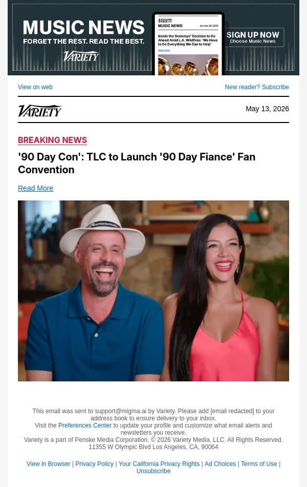 '90 Day Con': TLC to Launch '90 Day Fiance' Fan Convention email from Variety screenshot