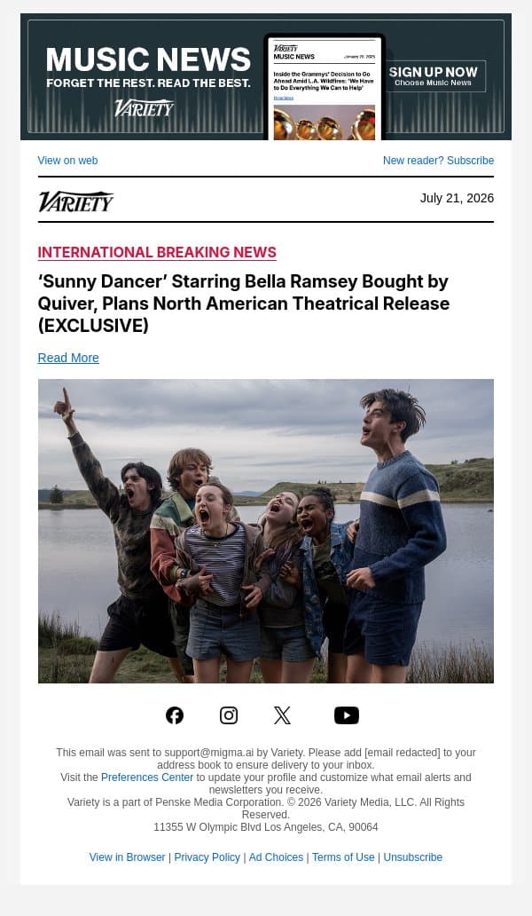 ‘Sunny Dancer’ Starring Bella Ramsey Bought by Quiver, Plans North American Theatrical Release (EXCLUSIVE) email from Variety screenshot