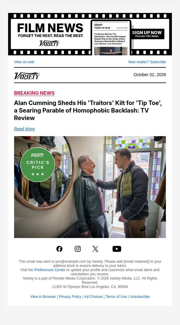 Alan Cumming Sheds His 'Traitors' Kilt for 'Tip Toe', a Searing Parable of Homophobic Backlash: TV Review email from Variety screenshot
