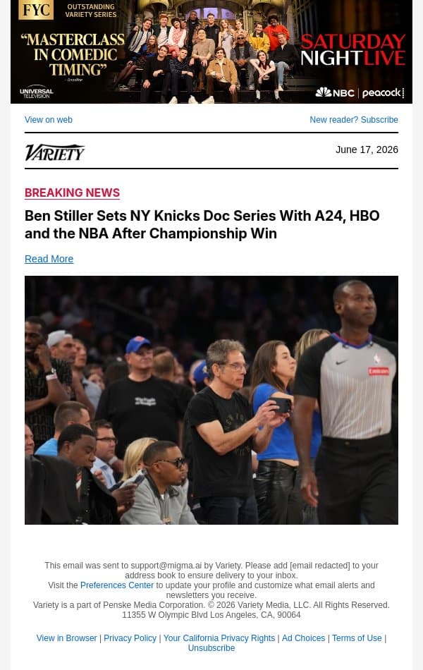 Ben Stiller Sets NY Knicks Doc Series With A24, HBO and the NBA After Championship Win email from Variety screenshot