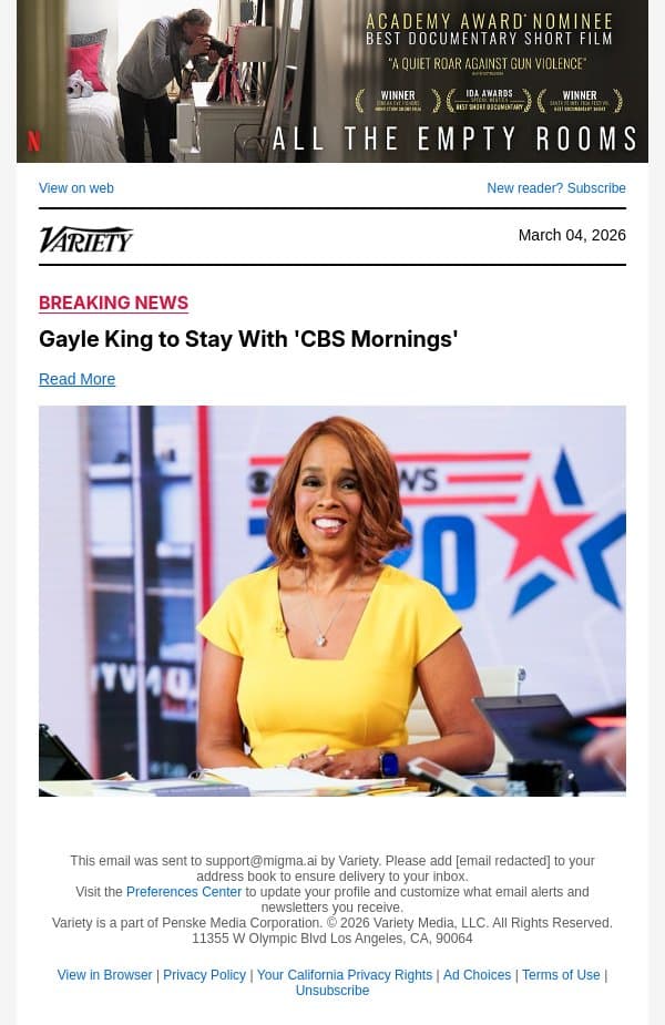 Gayle King to Stay With 'CBS Mornings' email from Variety screenshot