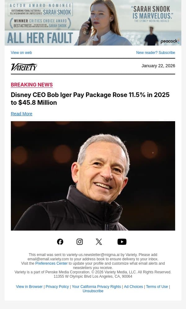 Disney CEO Bob Iger Pay Package Rose 11.5% in 2025 to $45.8 Million email from Variety screenshot