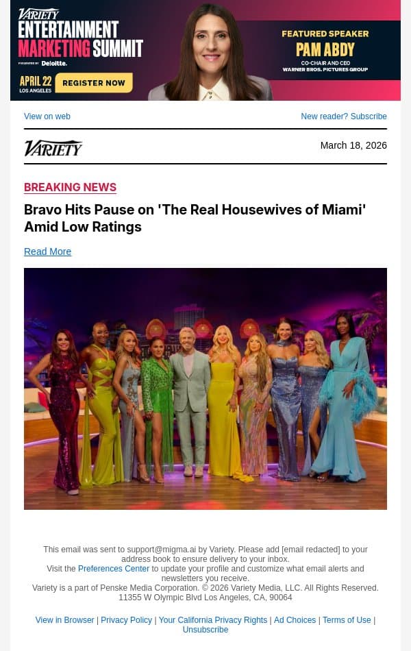 Bravo Hits Pause on 'The Real Housewives of Miami' Amid Low Ratings email from Variety screenshot