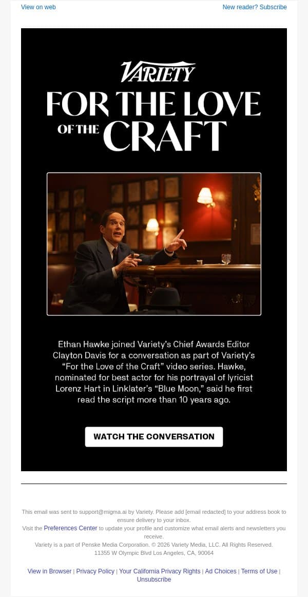 Watch the Conversation - ‘Blue Moon’ Star Ethan Hawke on His First Lead Actor Oscar Nom email from Variety screenshot