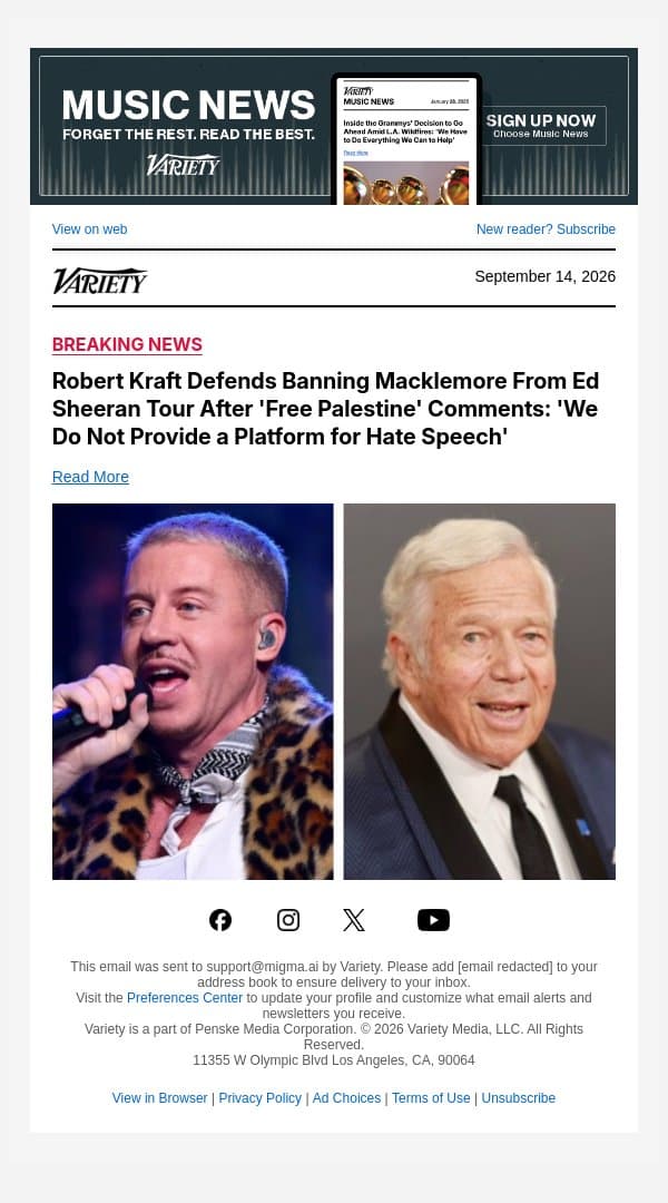 Robert Kraft Defends Banning Macklemore From Ed Sheeran Tour After 'Free Palestine' Comments: 'We Do Not Provide a Platform for Hate Speech' email from Variety screenshot