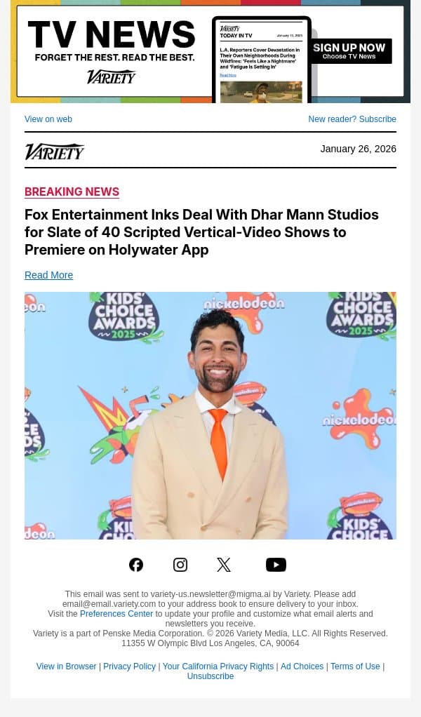 Fox Entertainment Inks Deal With Dhar Mann Studios for Slate of 40 Scripted Vertical-Video Shows to Premiere on Holywater App email from Variety screenshot
