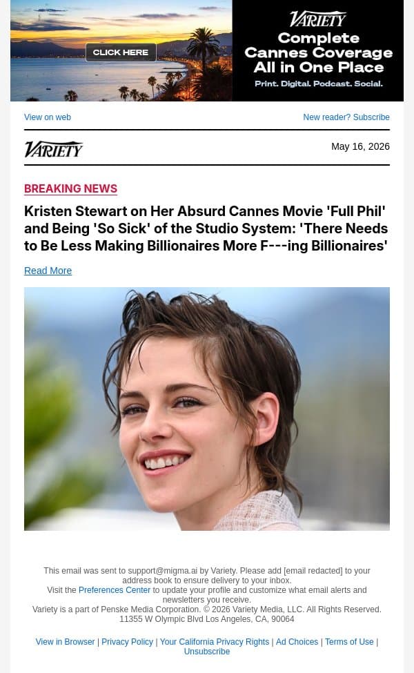 Kristen Stewart on Her Absurd Cannes Movie 'Full Phil' and Being 'So Sick' of the Studio System: 'There Needs to Be Less Making Billionaires More F---ing Billionaires' email from Variety screenshot