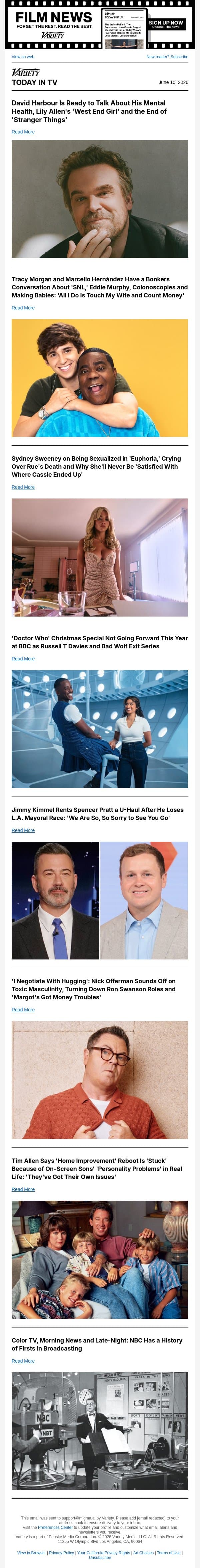 David Harbour Cover; Tracy Morgan and Marcello Hernández AOA; Sydney Sweeney on 'Euphoria' email from Variety screenshot