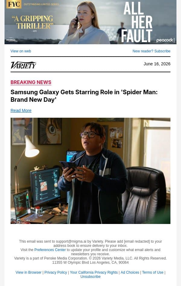 Samsung Galaxy Gets Starring Role in 'Spider Man: Brand New Day' email from Variety screenshot
