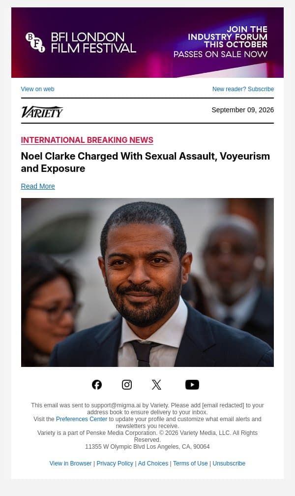 Noel Clarke Charged With Sexual Assault, Voyeurism and Exposure email from Variety screenshot
