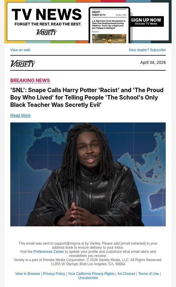 'SNL': Snape Calls Harry Potter 'Racist' and 'The Proud Boy Who Lived' for Telling People 'The School's Only Black Teacher Was Secretly Evil' email from Variety screenshot