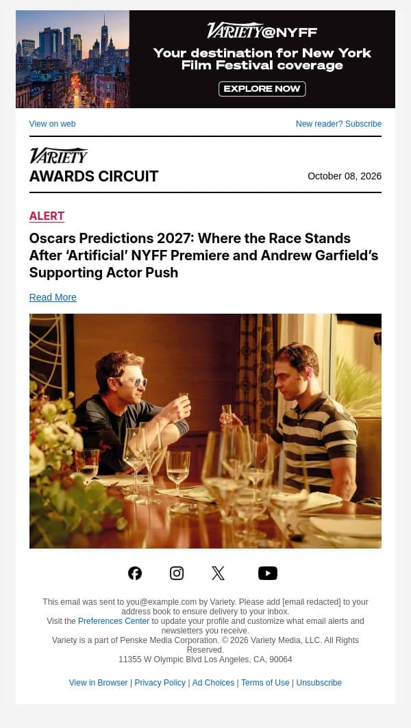 Oscars Predictions 2027: Where the Race Stands After ‘Artificial’ NYFF Premiere and Andrew Garfield’s Supporting Actor Push email from Variety screenshot