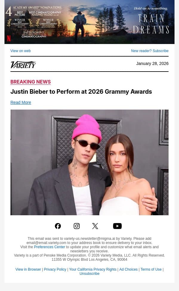 Justin Bieber to Perform at 2026 Grammy Awards email from Variety screenshot