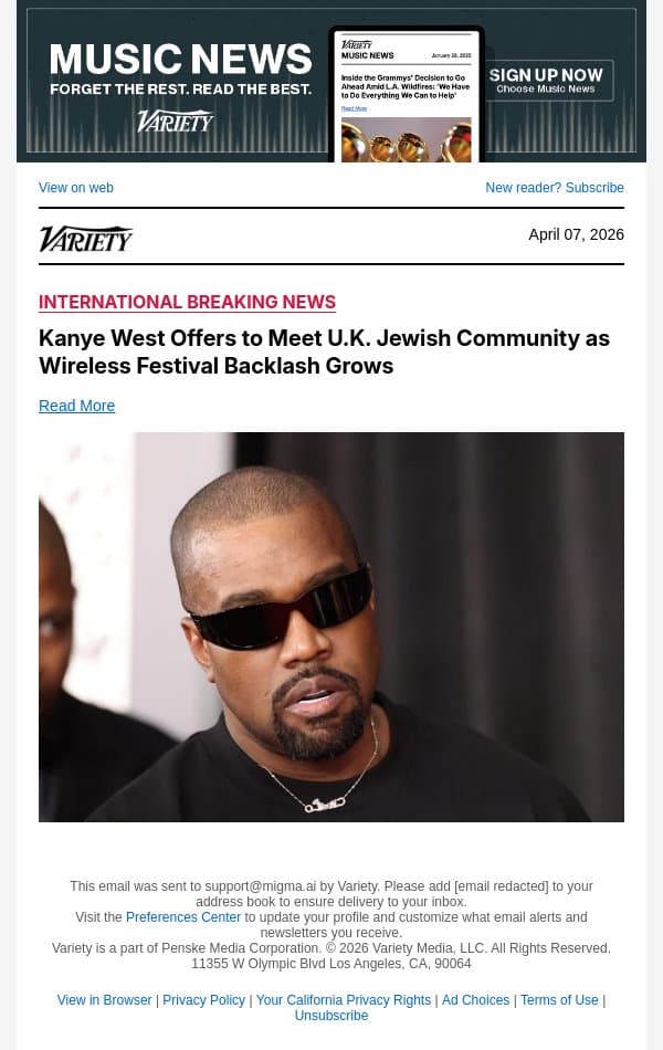 Kanye West Offers to Meet U.K. Jewish Community as Wireless Festival Backlash Grows email from Variety screenshot