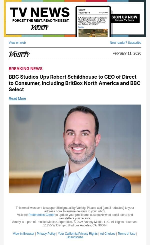 BBC Studios Ups Robert Schildhouse to CEO of Direct to Consumer, Including BritBox North America and BBC Select email from Variety screenshot
