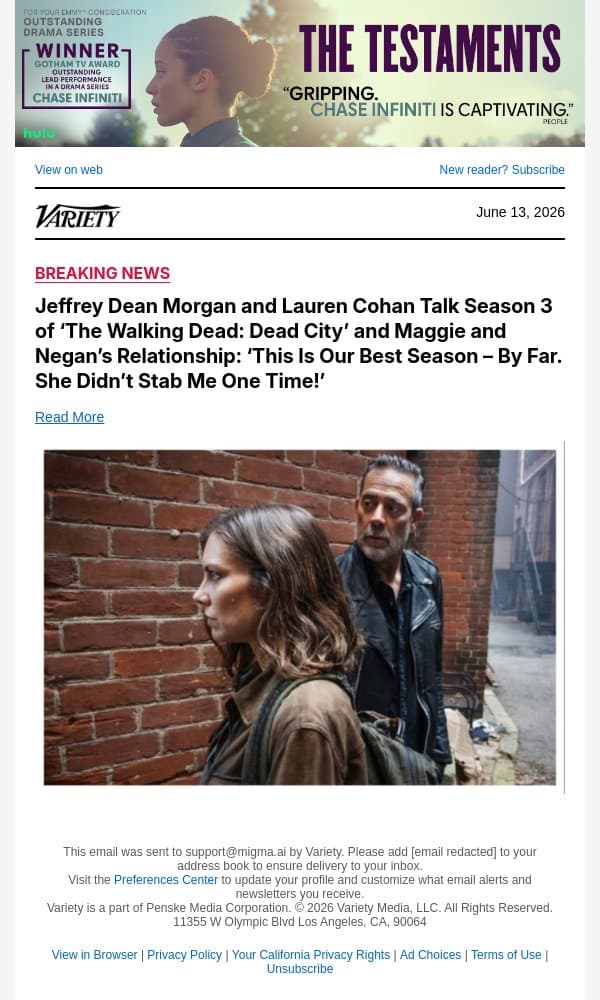 Jeffrey Dean Morgan and Lauren Cohan Talk Season 3 of ‘The Walking Dead: Dead City’ and Maggie and Negan’s Relationship: ‘This Is Our Best Season – By Far. She Didn’t Stab Me One Time!’ email from Variety screenshot