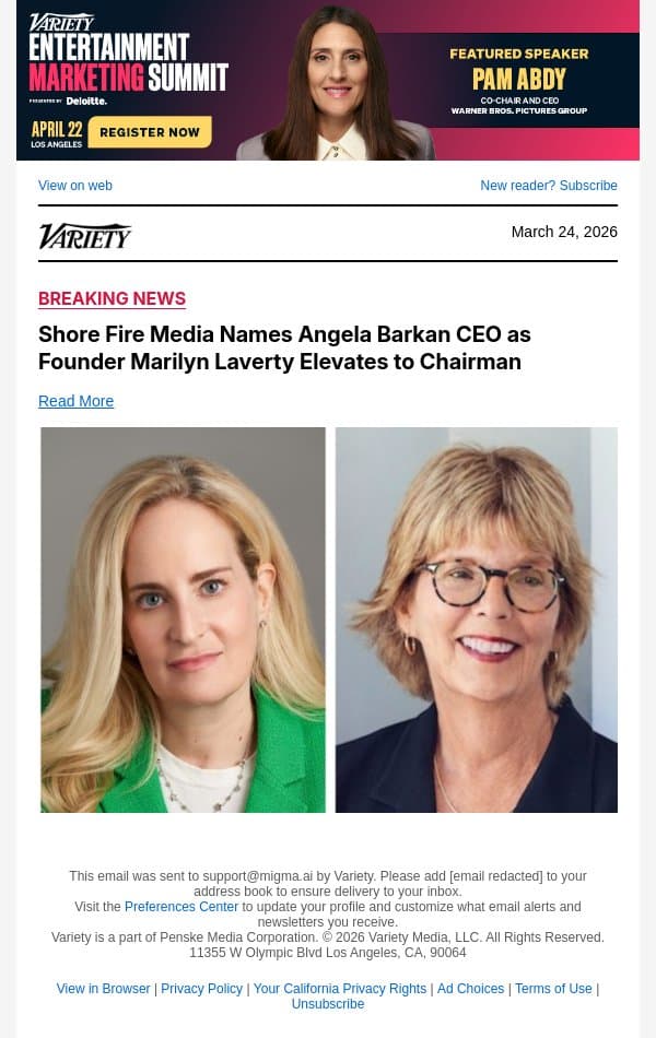 Shore Fire Media Names Angela Barkan CEO as Founder Marilyn Laverty Elevates to Chairman email from Variety screenshot