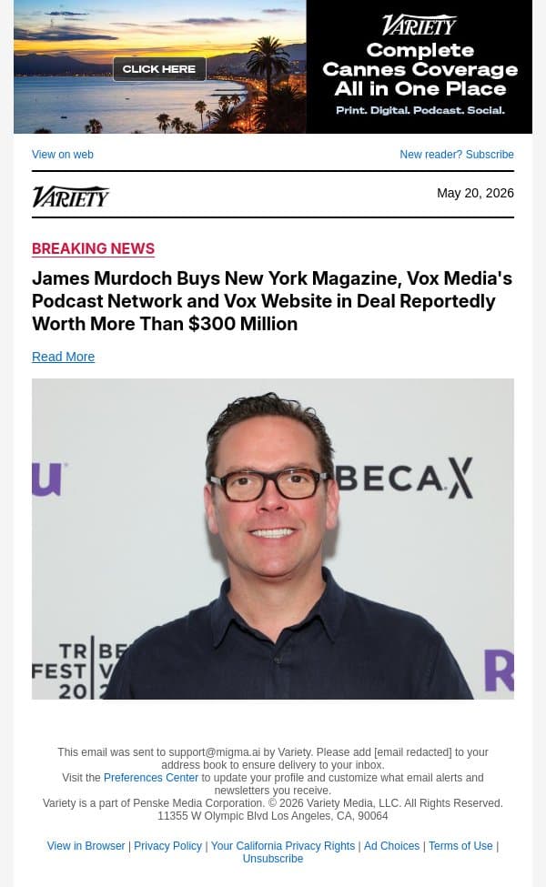 James Murdoch Buys New York Magazine, Vox Media's Podcast Network and Vox Website in Deal Reportedly Worth More Than $300 Million email from Variety screenshot