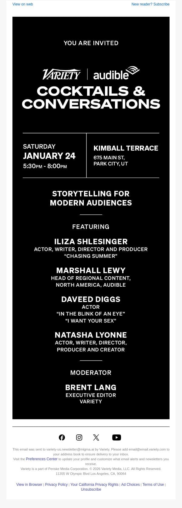 Attending Sundance Film Festival? Join Variety & Audible for our Cocktails & Conversations Event on Saturday, January 24 email from Variety screenshot