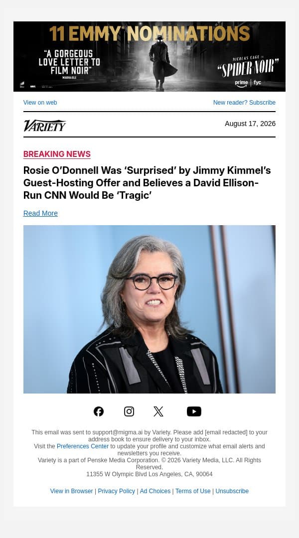Rosie O’Donnell Was ‘Surprised’ by Jimmy Kimmel’s Guest-Hosting Offer and Believes a David Ellison-Run CNN Would Be ‘Tragic’ email from Variety screenshot