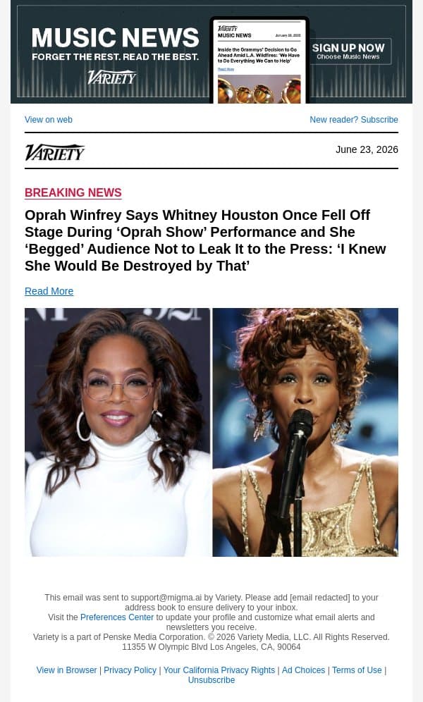 Oprah Winfrey Says Whitney Houston Once Fell Off Stage During ‘Oprah Show’ Performance and She ‘Begged’ Audience Not to Leak It to the Press: ‘I Knew She Would Be Destroyed by That’ email from Variety screenshot